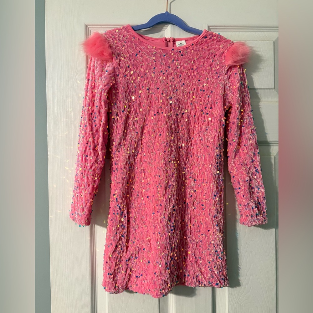 Girls Hot Pink Velvet Sequin Dress with Fur Accents Sz 8 LIKE NEW